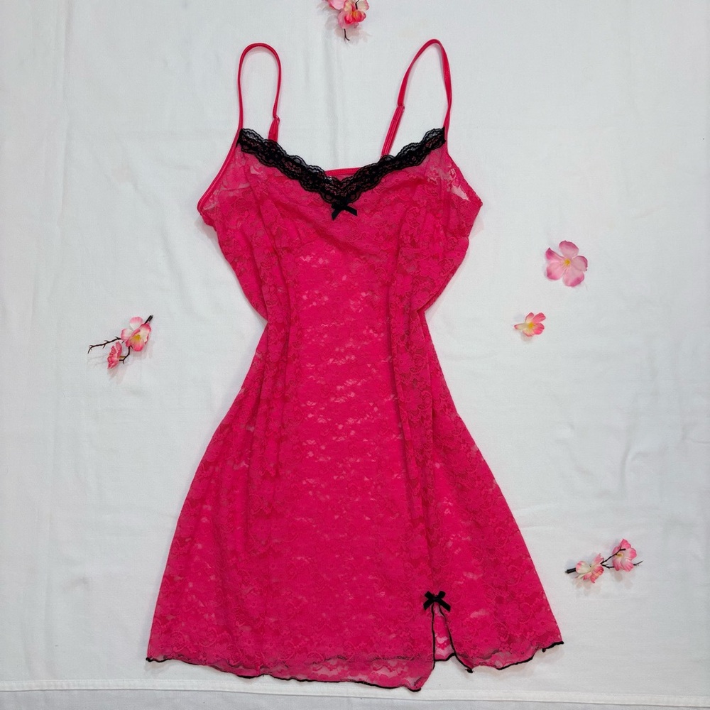George Hot Pink and Black Y2K Lace Slip- Medium